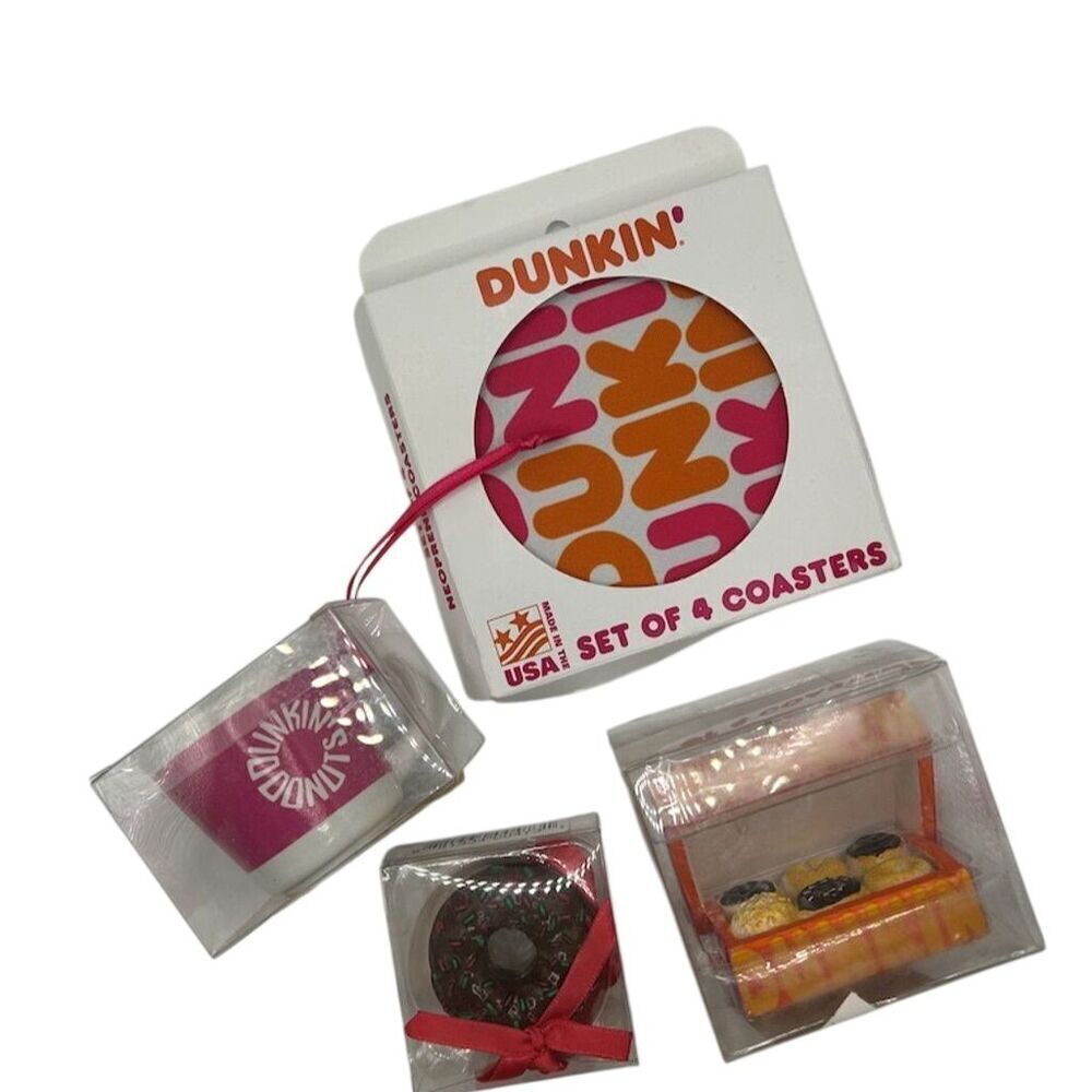 Dunkin' Limited Edition Coasters Set of 4 and holiday ornaments
